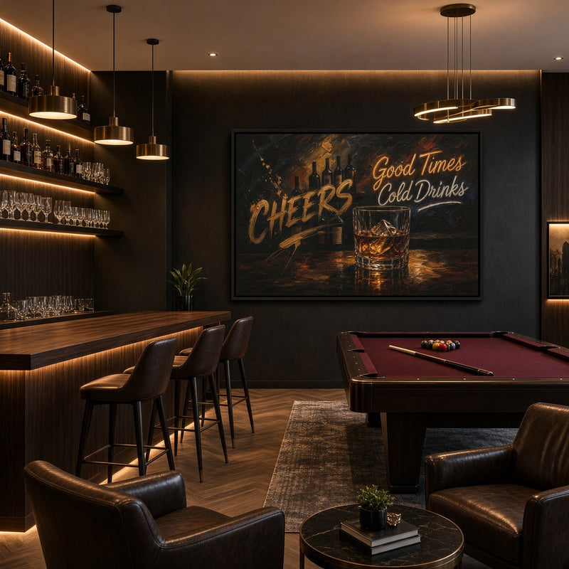 Whiskey bar canvas with a whiskey glass and Cheers lettering
