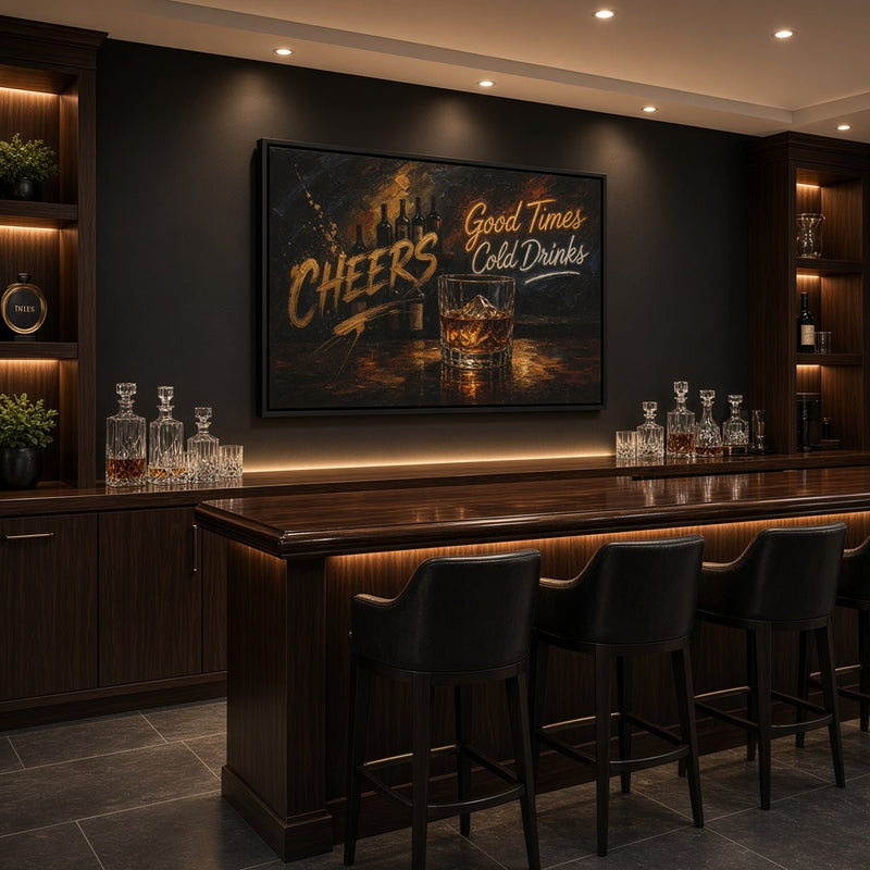Whiskey bar canvas featuring a glass and Good Times, Cold Drinks text