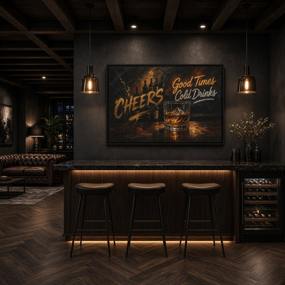 Whiskey bar wall canvas with Cheers and Cold Drinks lettering