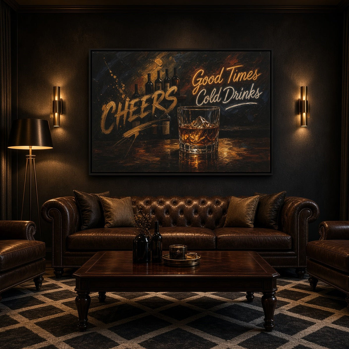 Cheers whiskey bar canvas with lettering and a glass of whiskey