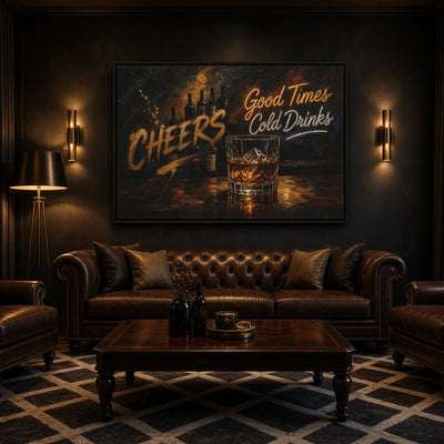 Cheers whiskey bar canvas with lettering and a glass of whiskey