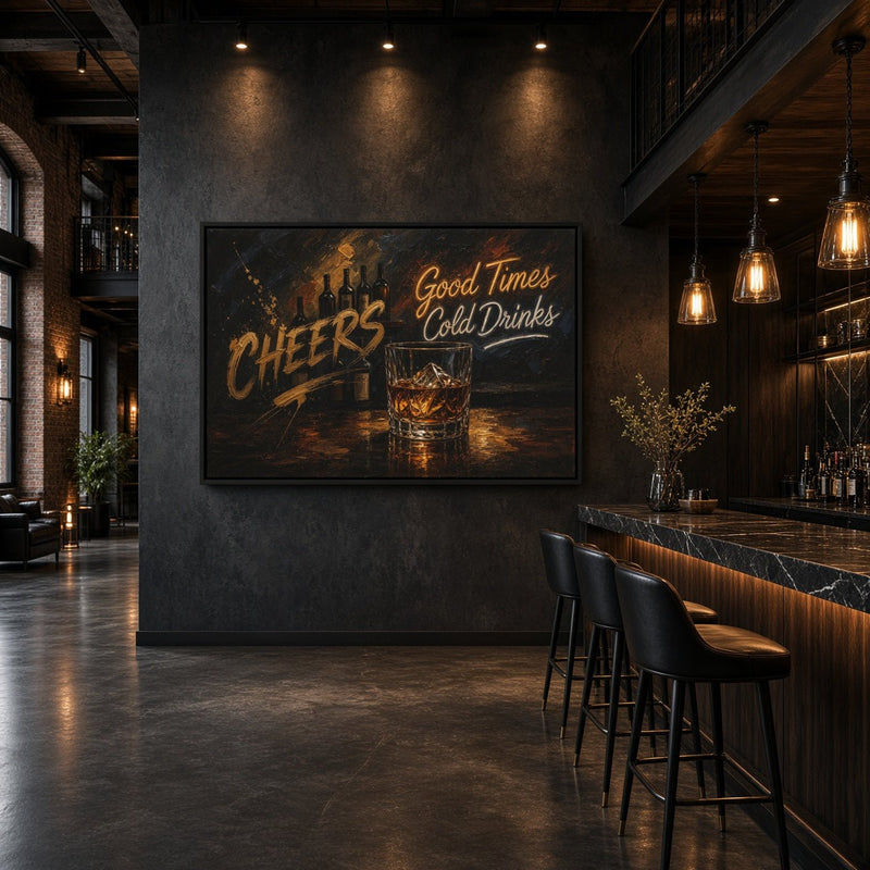 Dark whiskey bar canvas with Cheers lettering and a whiskey tumbler