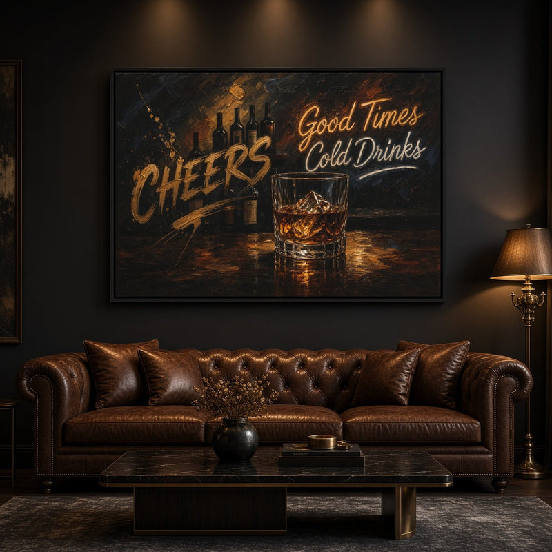 Whiskey bar canvas close-up with Cheers and Good Times lettering