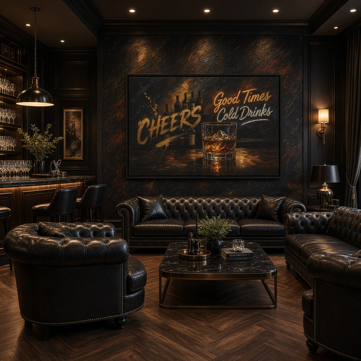 Framed whiskey bar canvas featuring Cheers and Good Times lettering