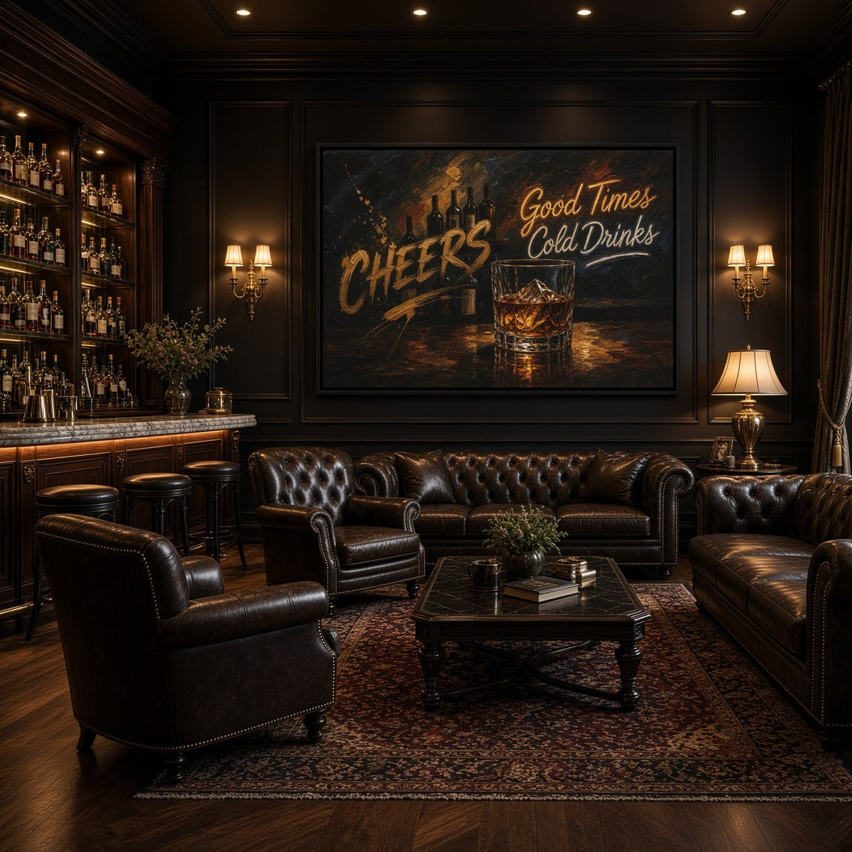 Cheers canvas wall art with whiskey bottles and a glass illustration