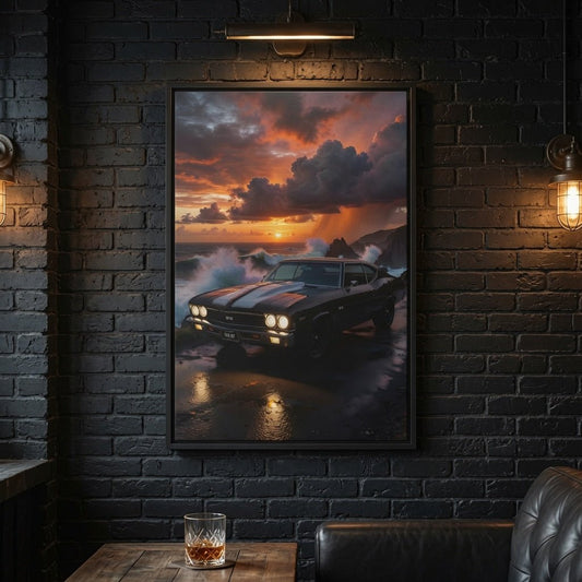Framed canvas print of a black muscle car on a beach at sunset, dark frame