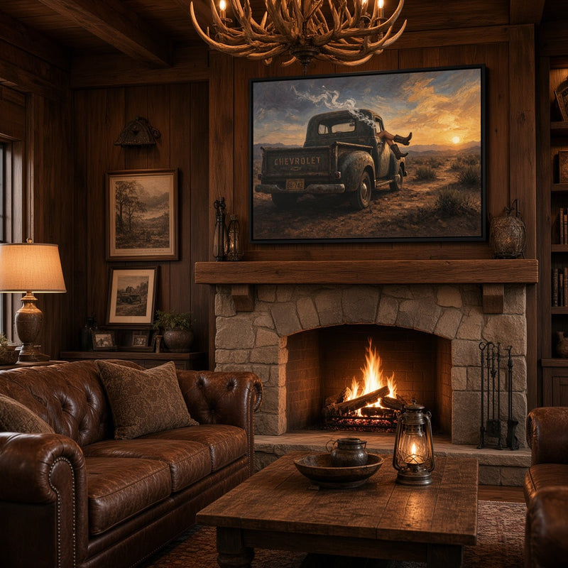 Framed canvas print with vintage truck and cowgirl under a desert sunset sky.