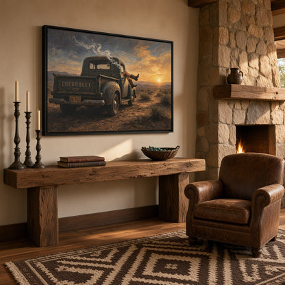 Framed canvas with vintage truck and cowgirl scene in warm desert sunset colors.