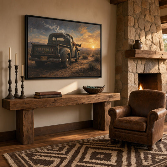 Framed canvas with vintage truck and cowgirl scene in warm desert sunset colors.