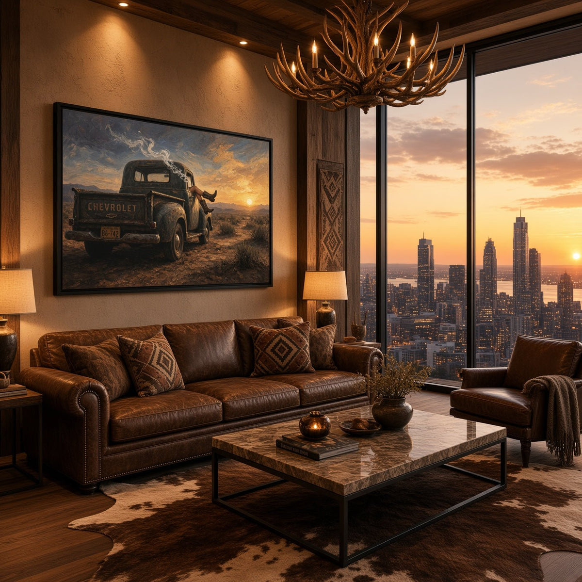 Framed wall canvas showing vintage truck and cowgirl in desert at sunset.