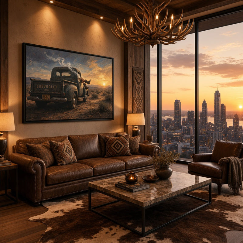 Framed wall canvas showing vintage truck and cowgirl in desert at sunset.