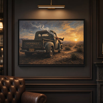 Framed canvas artwork of vintage truck with cowgirl in a desert sunset sky.