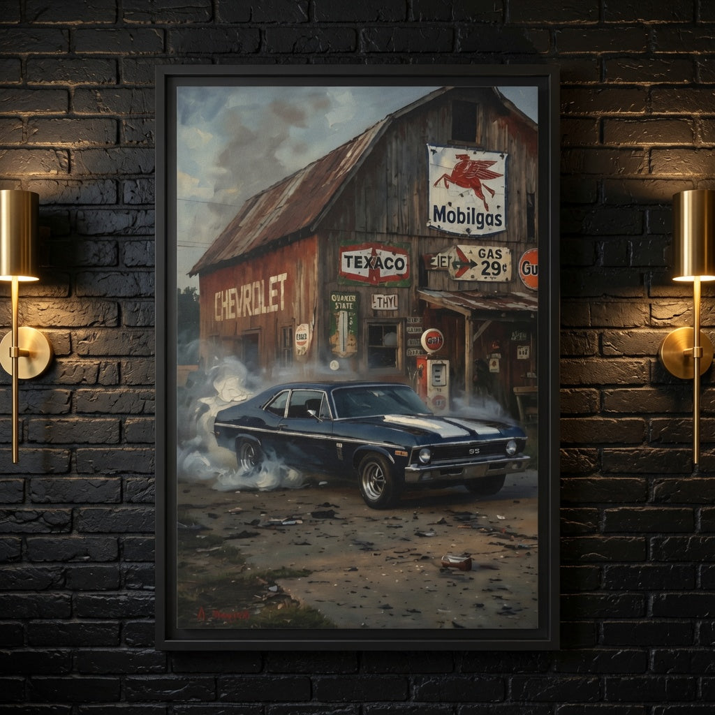 Chevy Muscle Car Canvas Framed | Rustic Gas Station Wall Art