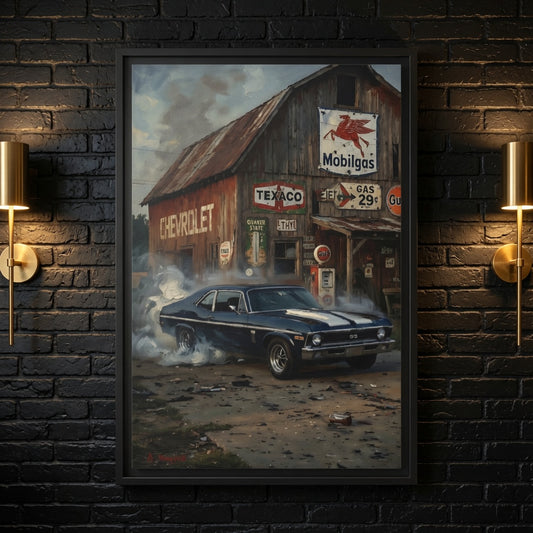 Chevy Muscle Car Canvas Framed | Rustic Gas Station Wall Art