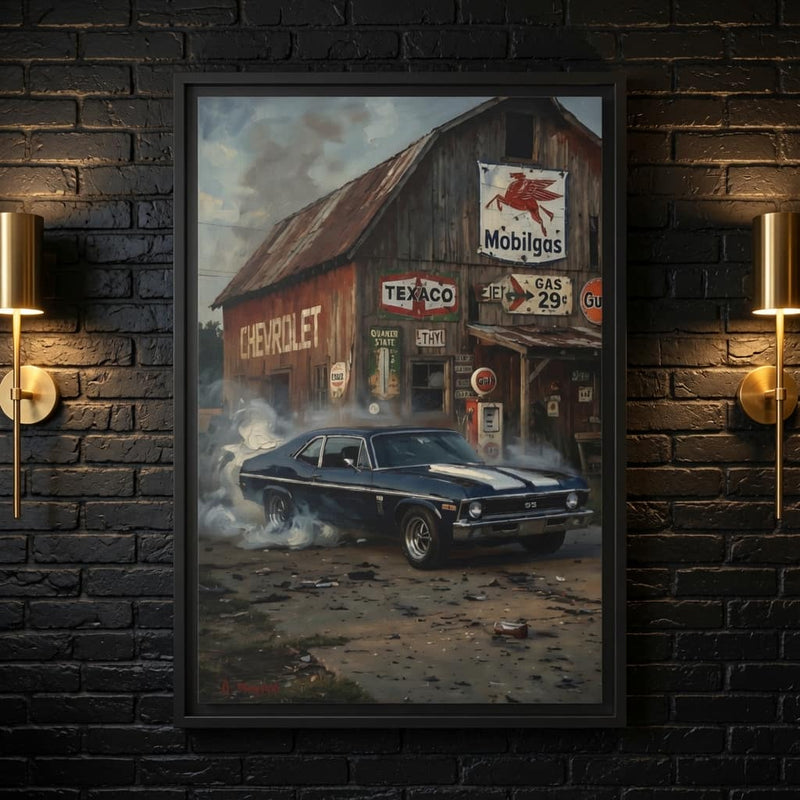 Chevy Muscle Car Canvas Framed | Rustic Gas Station Wall Art