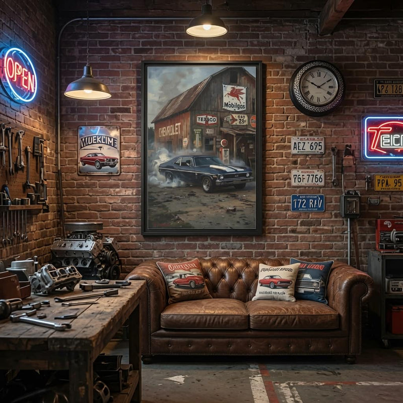 Chevy Muscle Car Canvas Framed | Rustic Gas Station Wall Art
