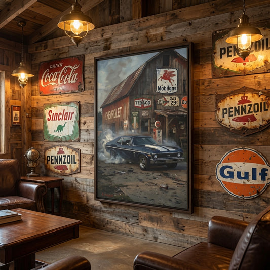 Chevy Muscle Car Canvas Framed | Rustic Gas Station Wall Art
