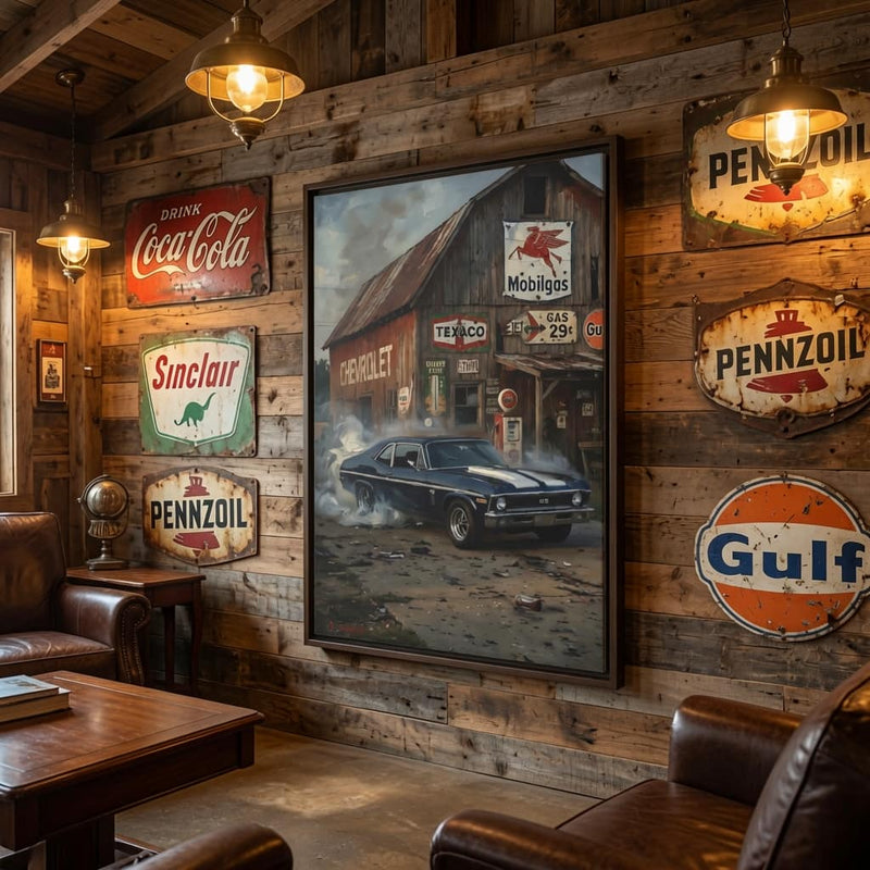 Chevy Muscle Car Canvas Framed | Rustic Gas Station Wall Art