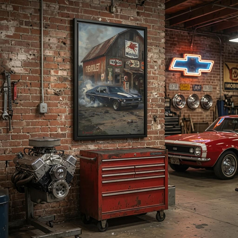 Chevy Muscle Car Canvas Framed | Rustic Gas Station Wall Art