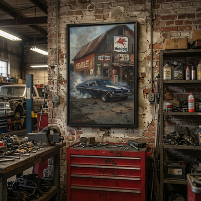 Chevy Muscle Car Canvas Framed | Rustic Gas Station Wall Art