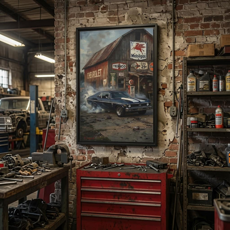 Chevy Muscle Car Canvas Framed | Rustic Gas Station Wall Art