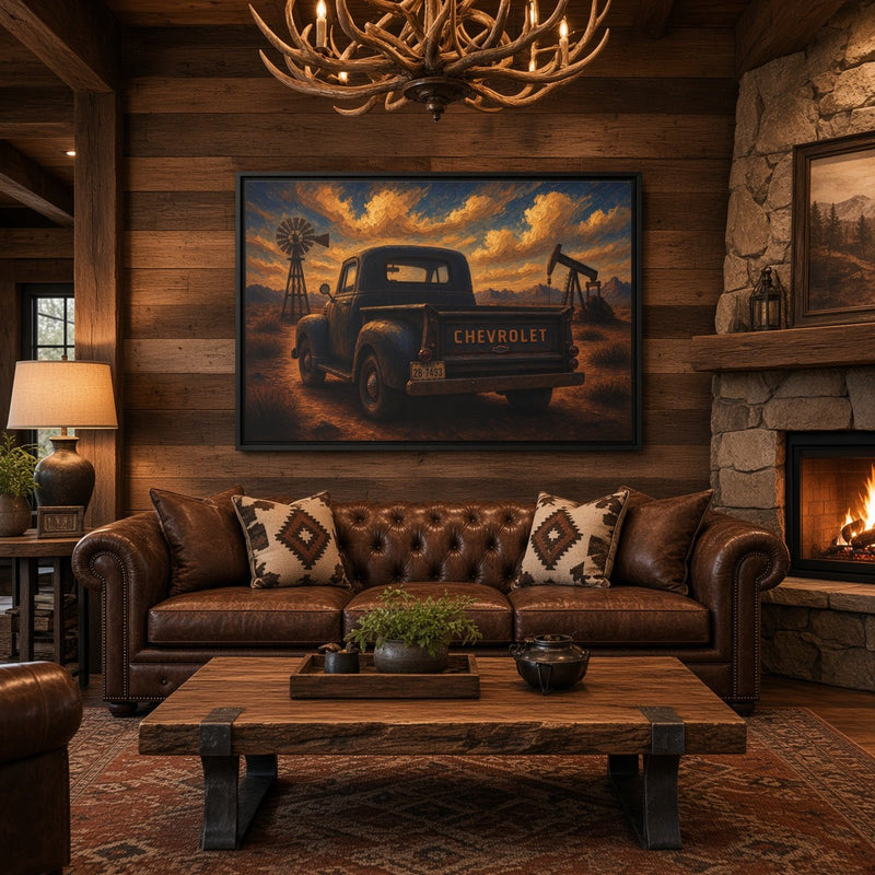 Vintage Chevrolet Oil Field Sunset | Framed Canvas Wall Art