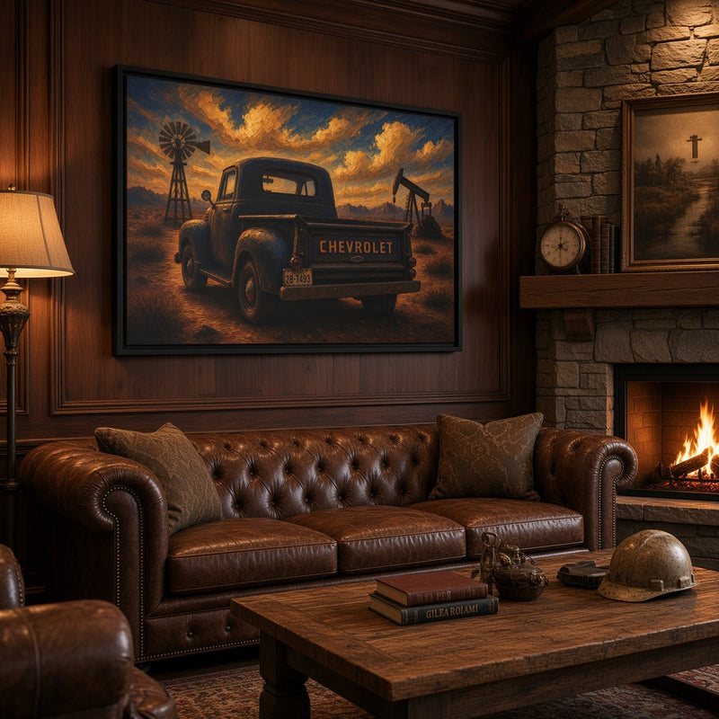 Vintage Chevrolet Oil Field Sunset | Framed Canvas Wall Art