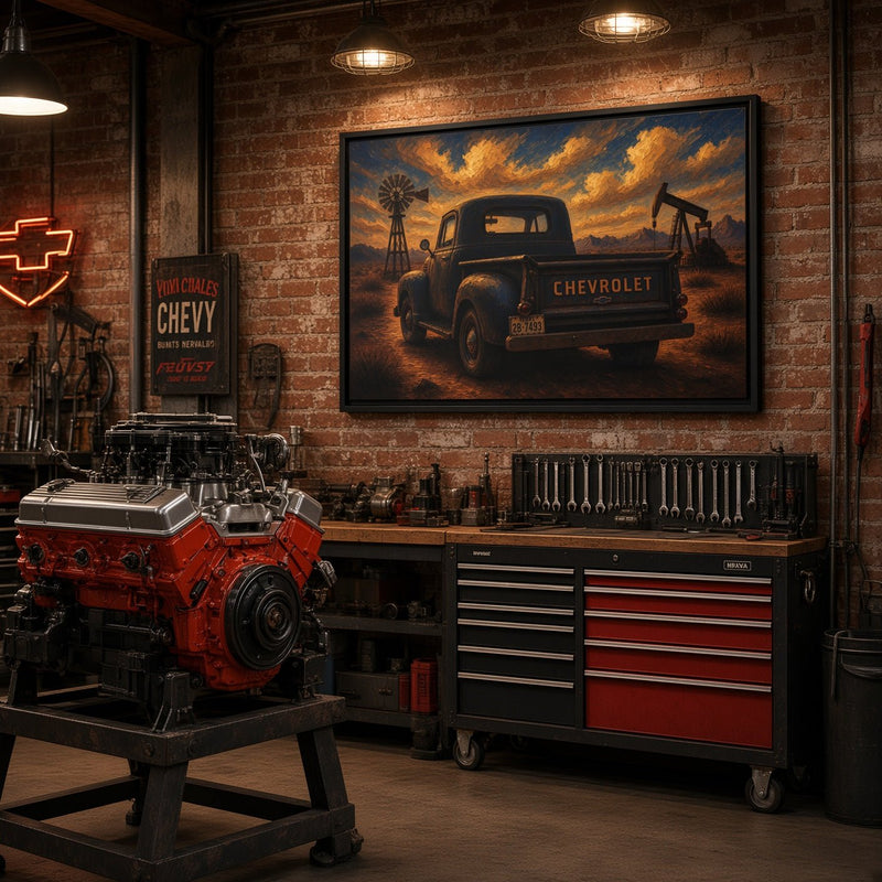 Vintage Chevrolet Oil Field Sunset | Framed Canvas Wall Art