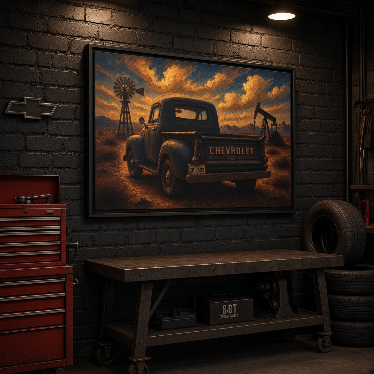 Vintage Chevrolet Oil Field Sunset | Framed Canvas Wall Art