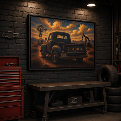 Vintage Chevrolet Oil Field Sunset | Framed Canvas Wall Art