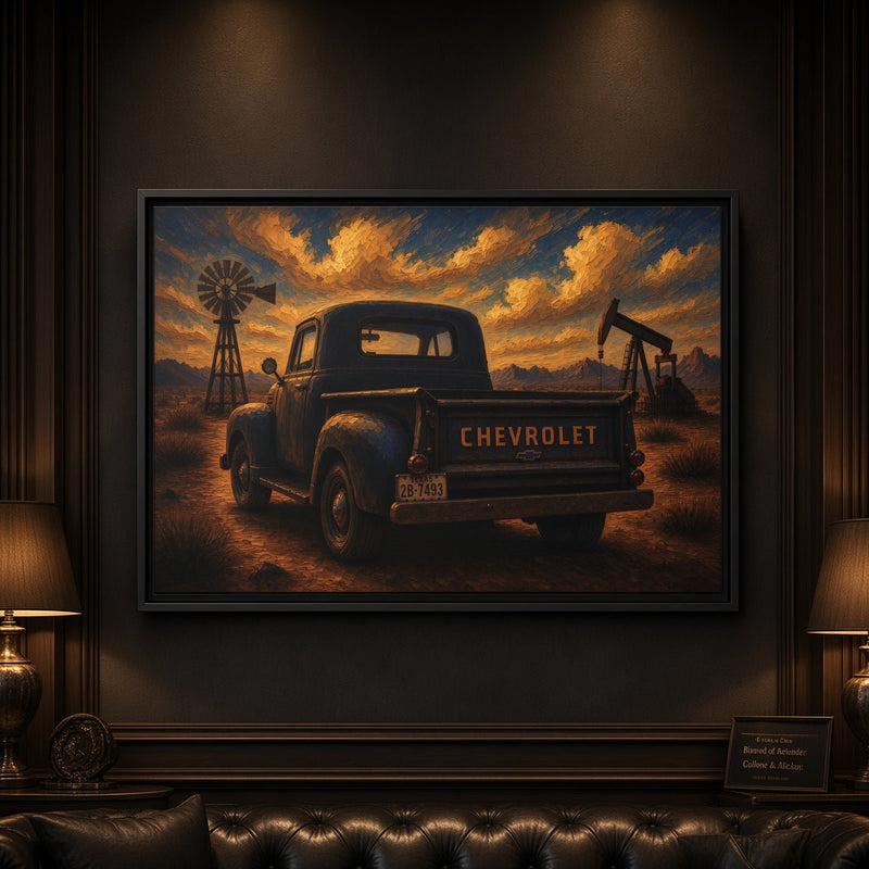 Vintage Chevrolet Oil Field Sunset | Framed Canvas Wall Art