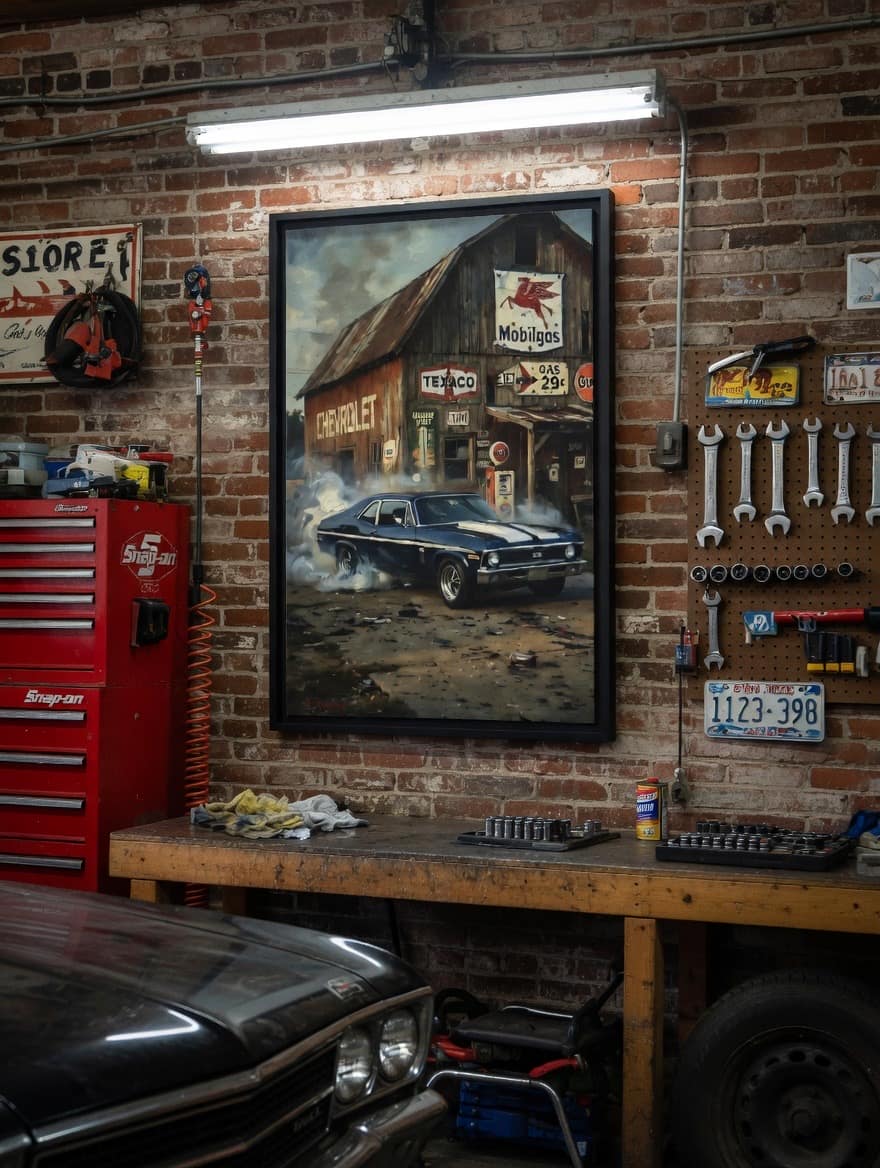 Chevy Muscle Car Canvas Framed | Rustic Gas Station Wall Art