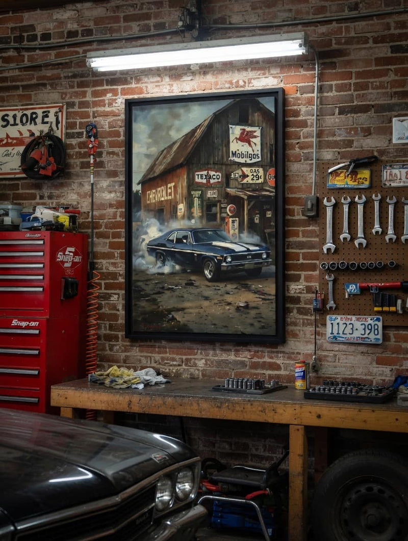 Chevy Muscle Car Canvas Framed | Rustic Gas Station Wall Art