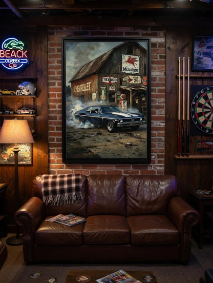 Black framed canvas wall art with blue vintage muscle car in front of gas station