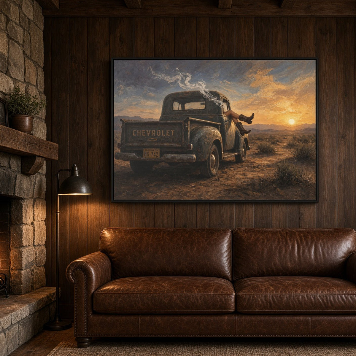 Framed truck and cowboy desert sunset canvas wall art, landscape scene