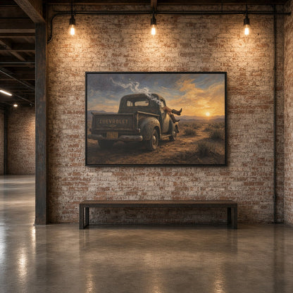 Framed truck desert sunset canvas wall art, landscape picture with warm sky