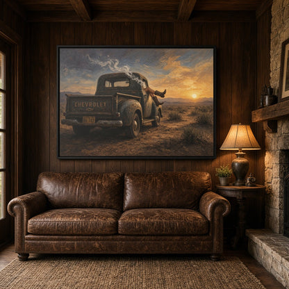Framed truck and cowboy smoke-break desert sunset canvas wall art, landscape