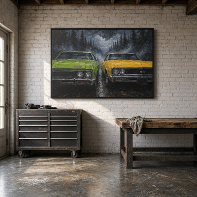 Black-framed canvas featuring two vintage muscle cars in green and yellow