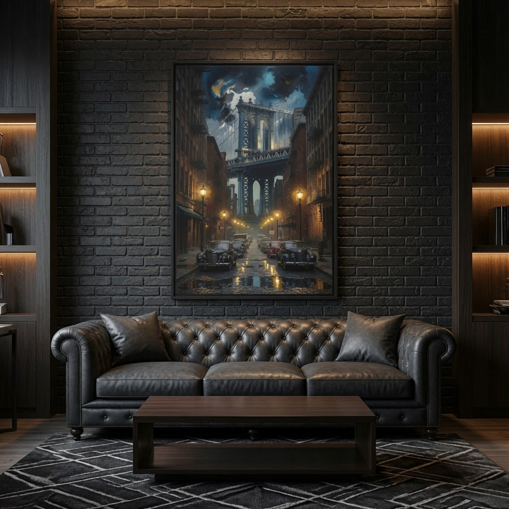 Moody Vintage Cityscape with Brooklyn Bridge at Night - Framed Canvas