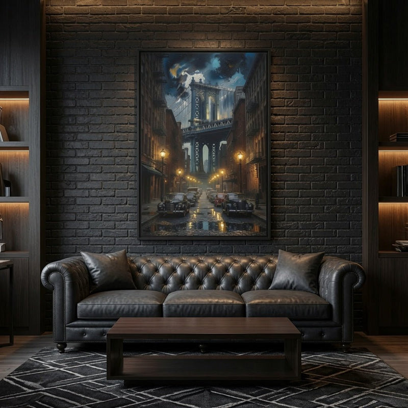 Framed canvas wall art showing a night city street with illuminated bridge