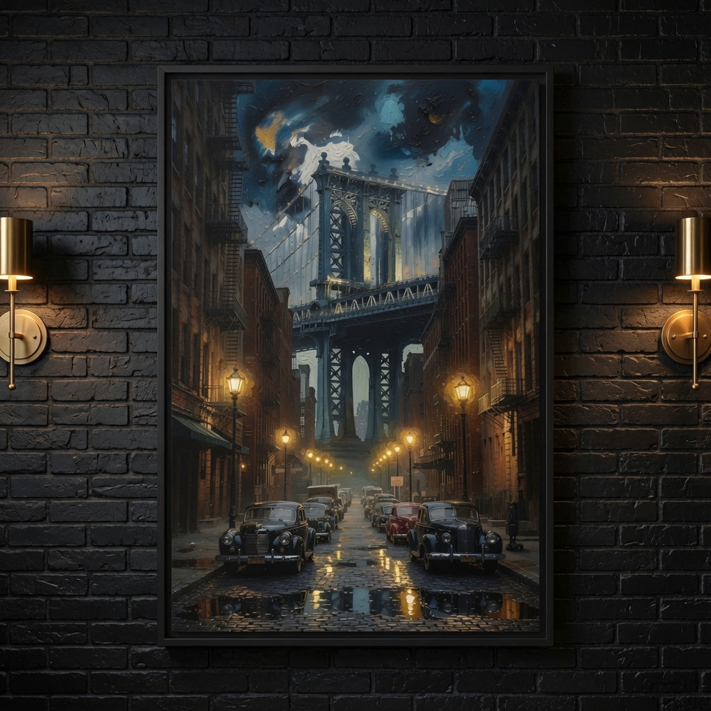 Moody Vintage Cityscape with Brooklyn Bridge at Night - Framed Canvas
