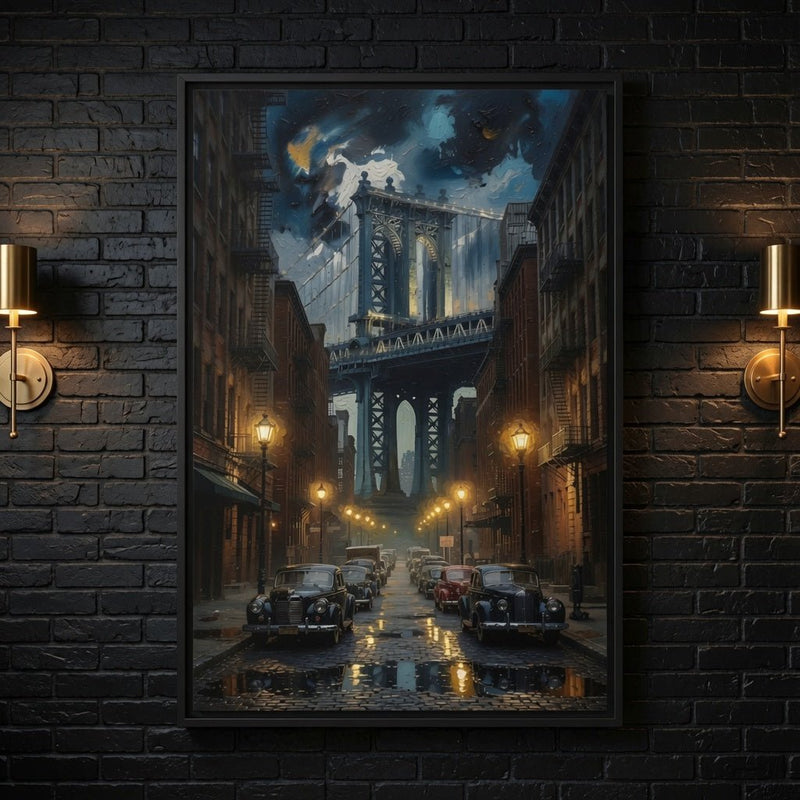 Framed canvas print of a night city alley with a lit bridge and parked cars