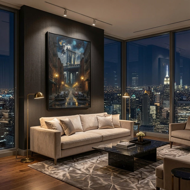 Framed canvas wall art with black frame, night bridge over street with glowing lamps