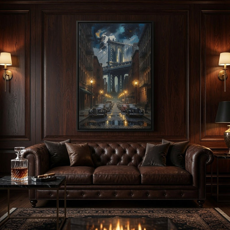 Framed canvas wall art with black frame, night city street reflections and bridge
