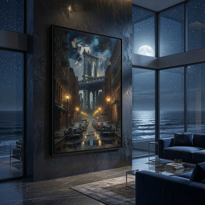 Moody Vintage Cityscape with Brooklyn Bridge at Night - Framed Canvas