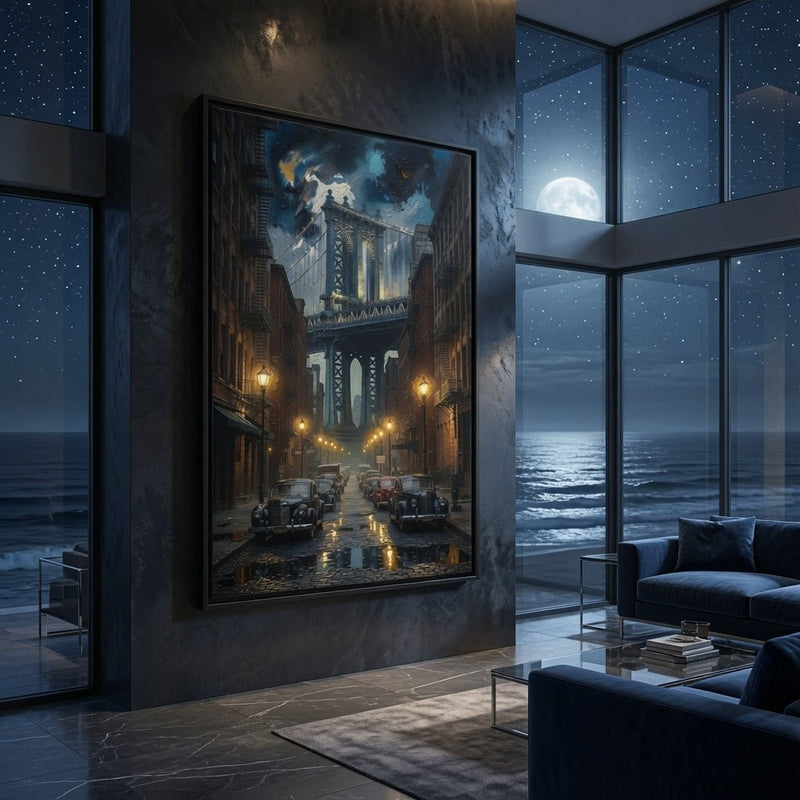 Framed canvas wall art with black frame, night bridge tower and street at dusk