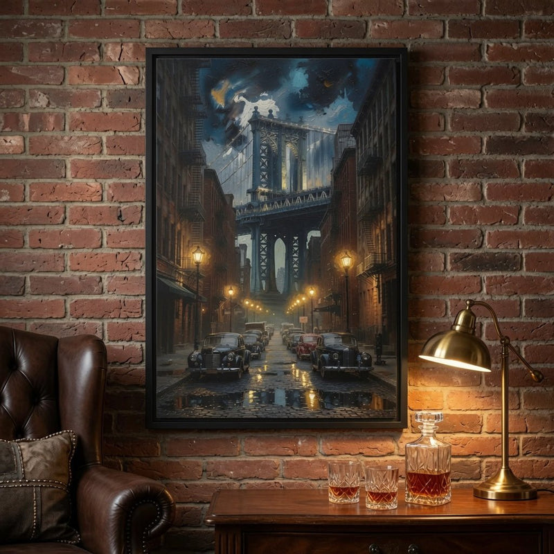 Framed canvas wall art with black frame, night bridge and glowing street lamps