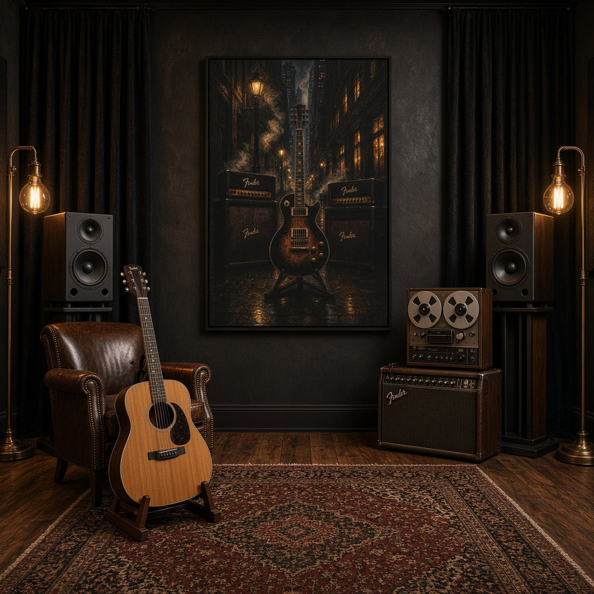 Framed canvas wall art featuring an electric guitar with amp graphics and dark background tones
