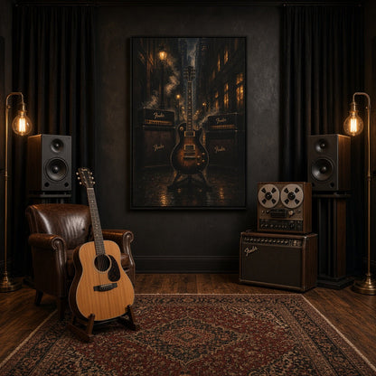 Framed canvas wall art featuring an electric guitar with amp graphics and dark background tones