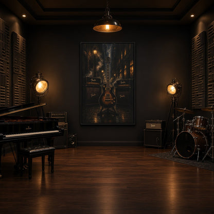 Framed canvas wall art with electric guitar artwork and amplifier graphics in dark tones